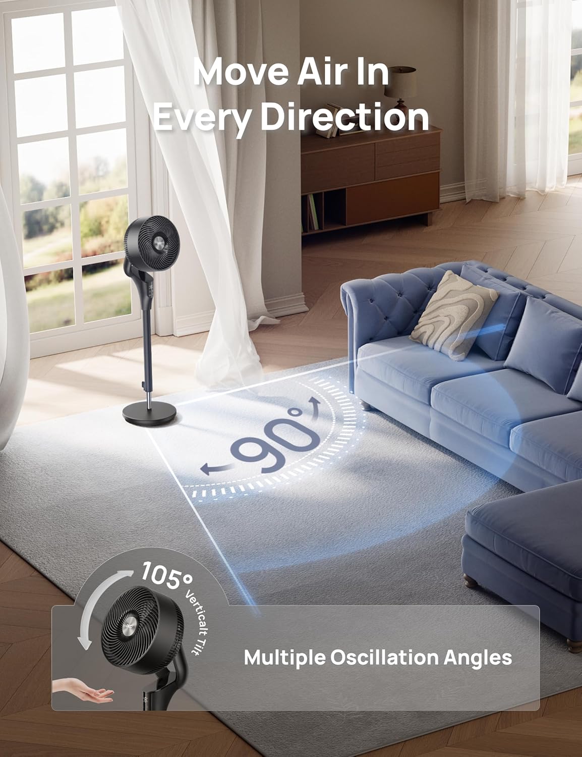 HKM-5557587 2026 Upgraded 90ft Airflow Quiet Oscillating Standing Fan, 20dB, 8 Speeds, Adjustable Height 38-42'', 8H Timer, DC Motor