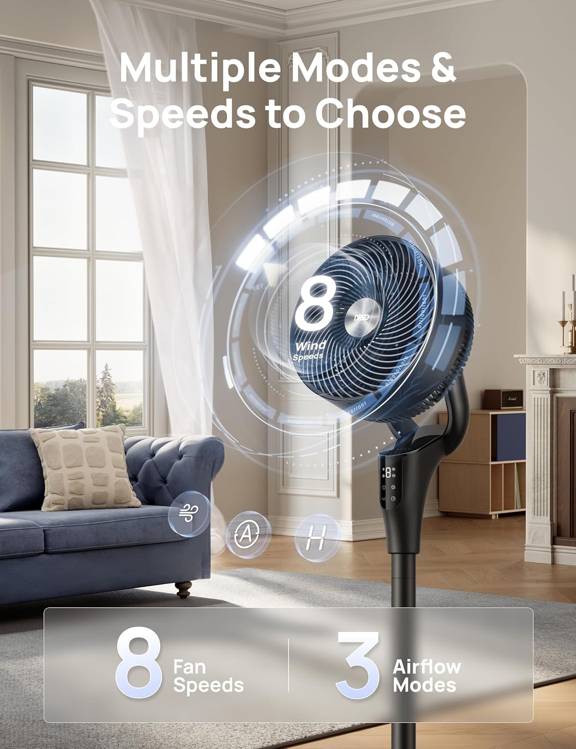 HKM-5557587 2026 Upgraded 90ft Airflow Quiet Oscillating Standing Fan, 20dB, 8 Speeds, Adjustable Height 38-42'', 8H Timer, DC Motor