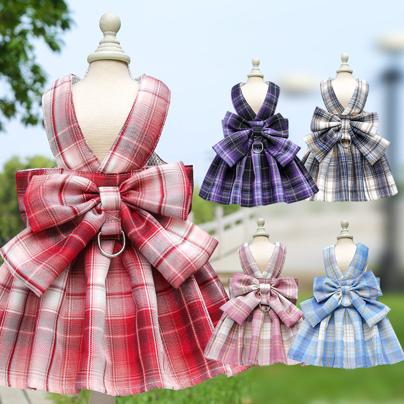HKM-556051 Plaid Pet Skirt with Chest Strap and Leash - Dark Purple, Wine Red, Sky Blue, Navy, Dark Pink