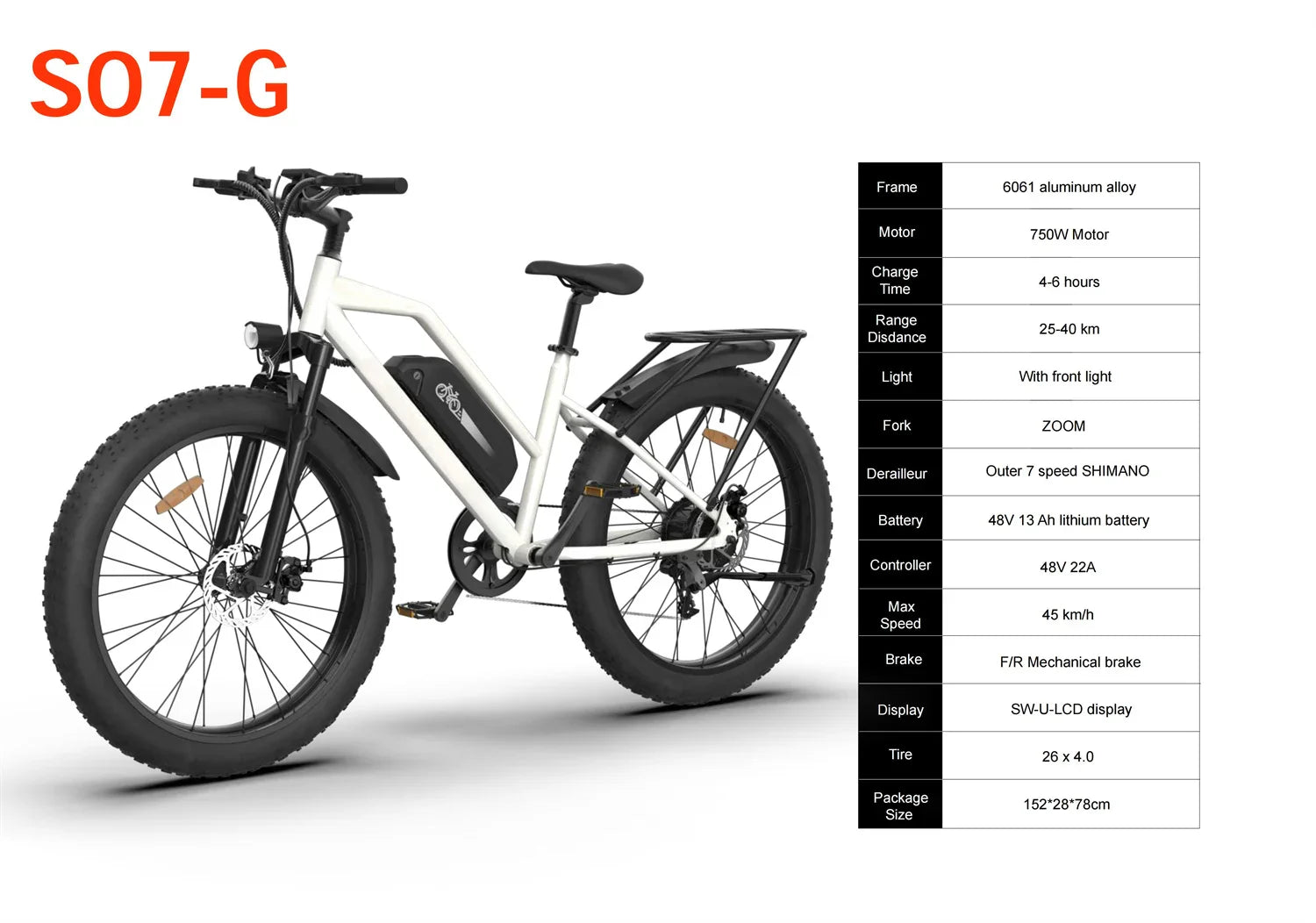 HKM-556179 48V 750W Electric Bike with 13Ah Removable Lithium Battery, 7-Speed Gears, 26" Wheels, and Disc Brakes