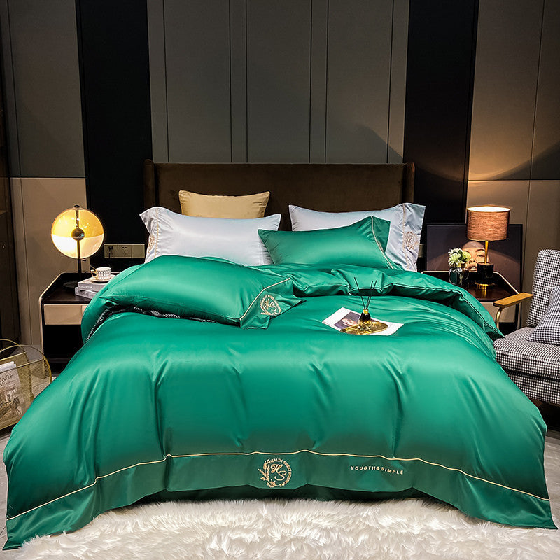 HKM-556179 Home Washed Silk 4-Piece Solid Color Bedding Set - Quilt Cover, Bed Sheets, and Pillowcases