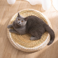 HKM-5561917 Cozy Straw and Corn Husk Cat Bed with 35cm Diameter for Relaxation
