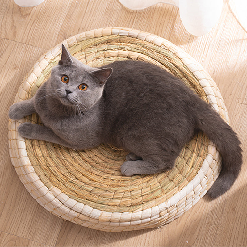HKM-5561917 Cozy Straw and Corn Husk Cat Bed with 35cm Diameter for Relaxation