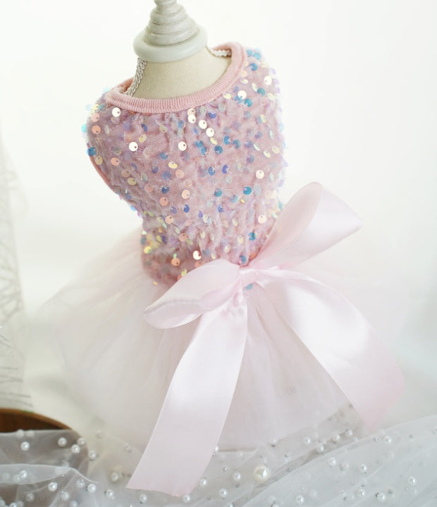 HKM-5562429 Princess Pet Wedding Dress for Dogs & Cats in Pink Sequin Gauze - Sizes XS to XL