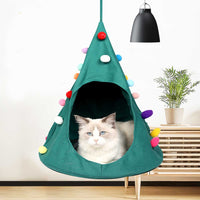 HKM-5567421 Christmas Cone Canvas Cat Hammock for Cozy Rest and Sleep - Green and Black, 44cm Diameter, 56cm Height