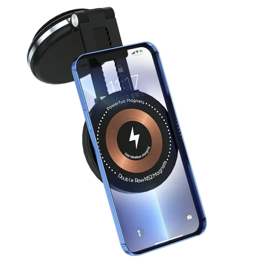 HKM-556755 15W Magnetic Suction Cup Wireless Car Charger and Adjustable 360° Phone Holder for Tablets and Smartphones