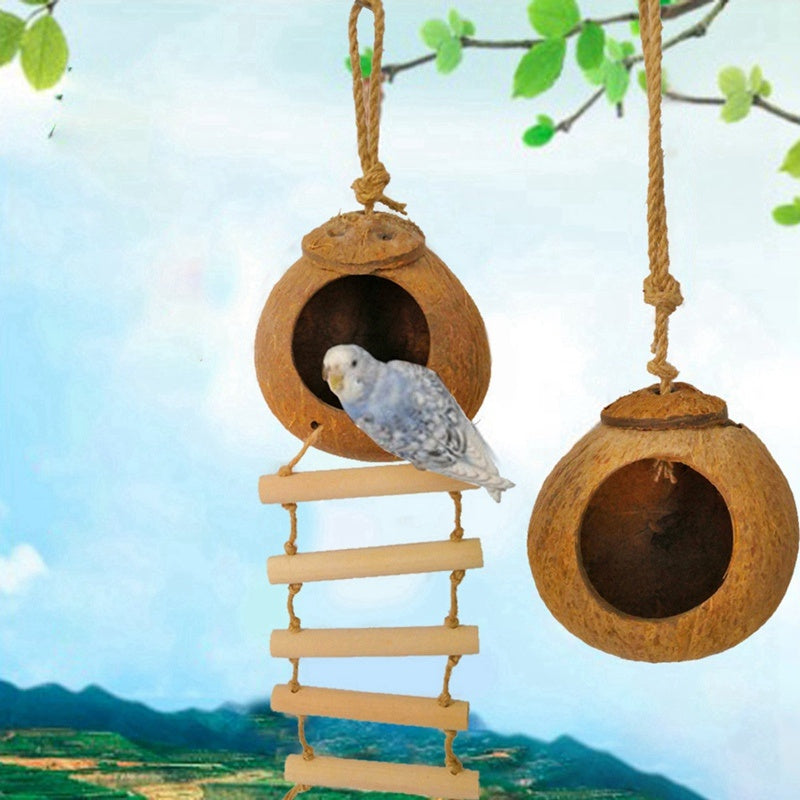 HKM-556947 Natural Coconut Shell Bird Nest for Parrots and Small Pets - Safe Climbing and Chewing Toy