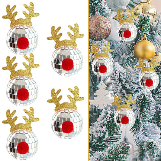 HKM-557139 Silver Disco Mirror Ball Ornaments Set - 5 Pcs Reflective Glass Elk Horns for Tree Decoration, Parties, and Festivals