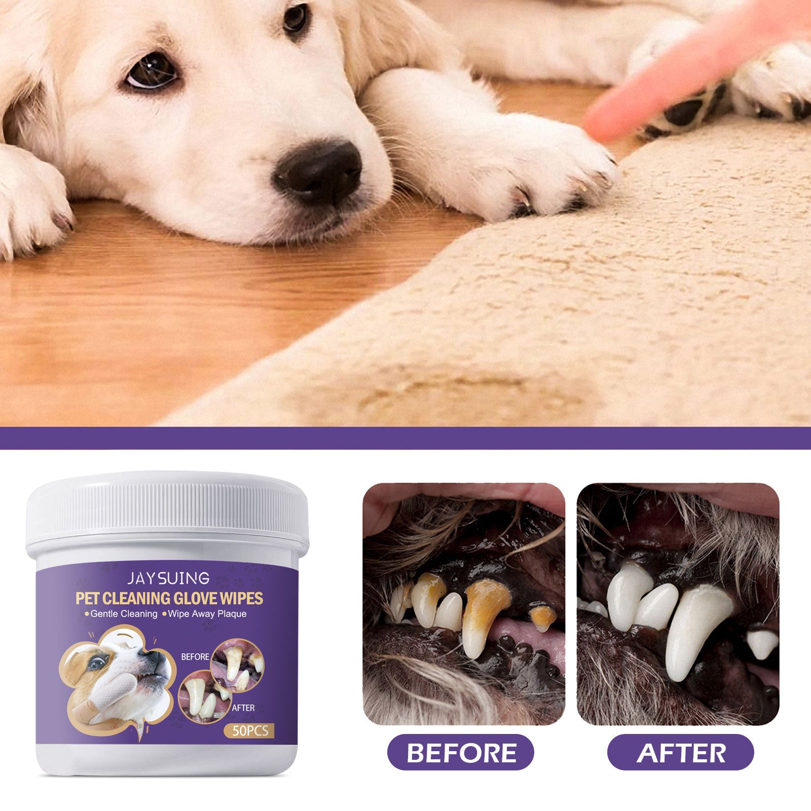 HKM-5573437 Gentle Pet Cleaning Gloves and Wet Wipes for Teeth Care, Tartar Removal, and Odor Control - 50 Pack