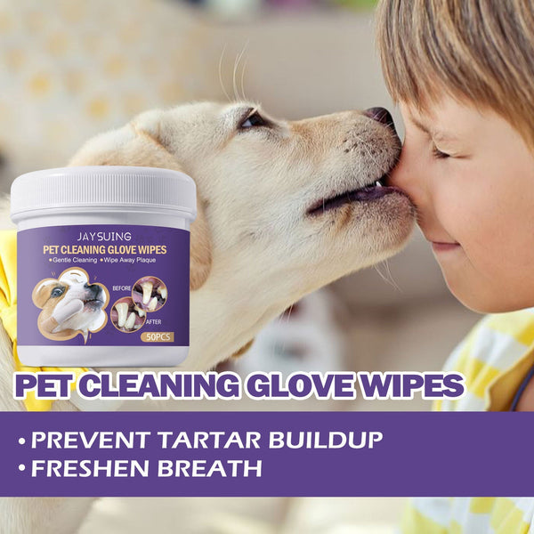 HKM-5573437 Gentle Pet Cleaning Gloves and Wet Wipes for Teeth Care, Tartar Removal, and Odor Control - 50 Pack