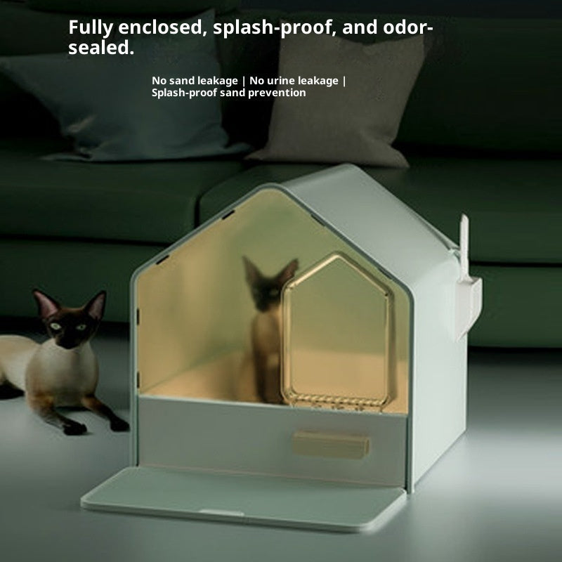 HKM-5575229 Fully Enclosed Drawer-Style Cat Litter Box in Tiffany Blue, Fiery Red, and Gentleman Gray