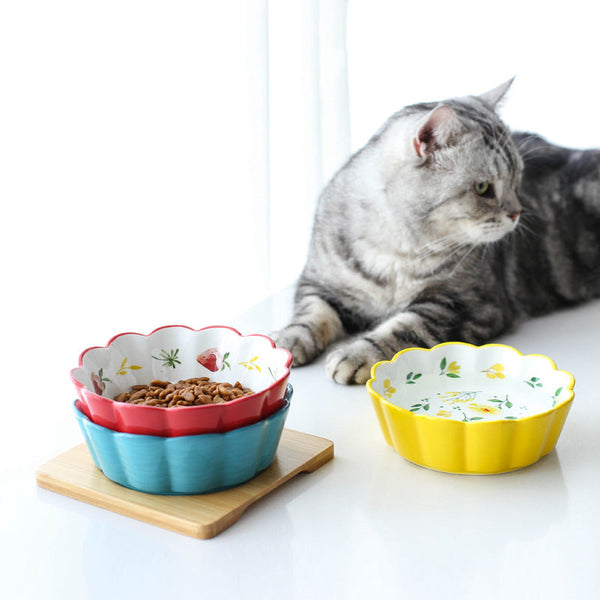 HKM-5577533 Ceramic Pet Bowl with Bamboo Wood Tray - 450ml Capacity for Cats and Dogs
