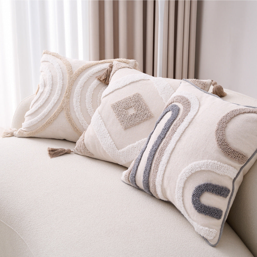 HKM-557907 Bohemian Style Cotton and Linen Pillow Cover with Geometric Patterns and Tassels, 45x45cm