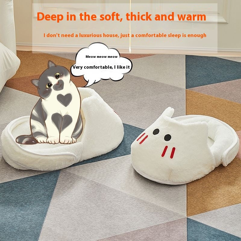 HKM-5581373 Cozy Rabbit Slippers Cat Nest - Four Seasons Universal Mat for Cats in Snow White and Elegant Gray