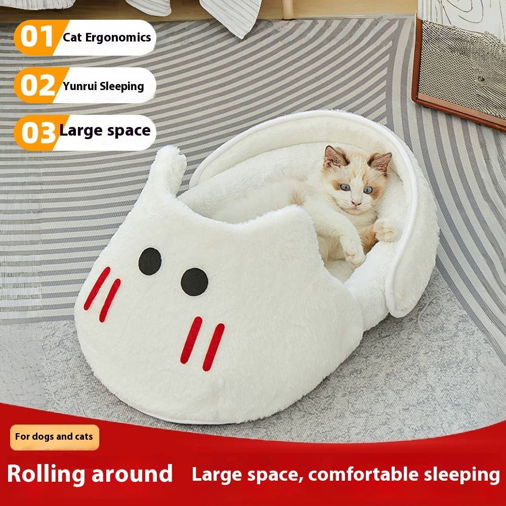 HKM-5581373 Cozy Rabbit Slippers Cat Nest - Four Seasons Universal Mat for Cats in Snow White and Elegant Gray