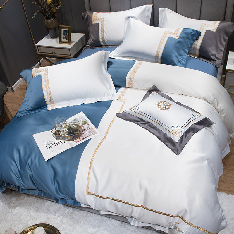 HKM-558163 Italian Light Luxury Four-Piece Cotton Bedroom Set in Dark Gray with Striped Design