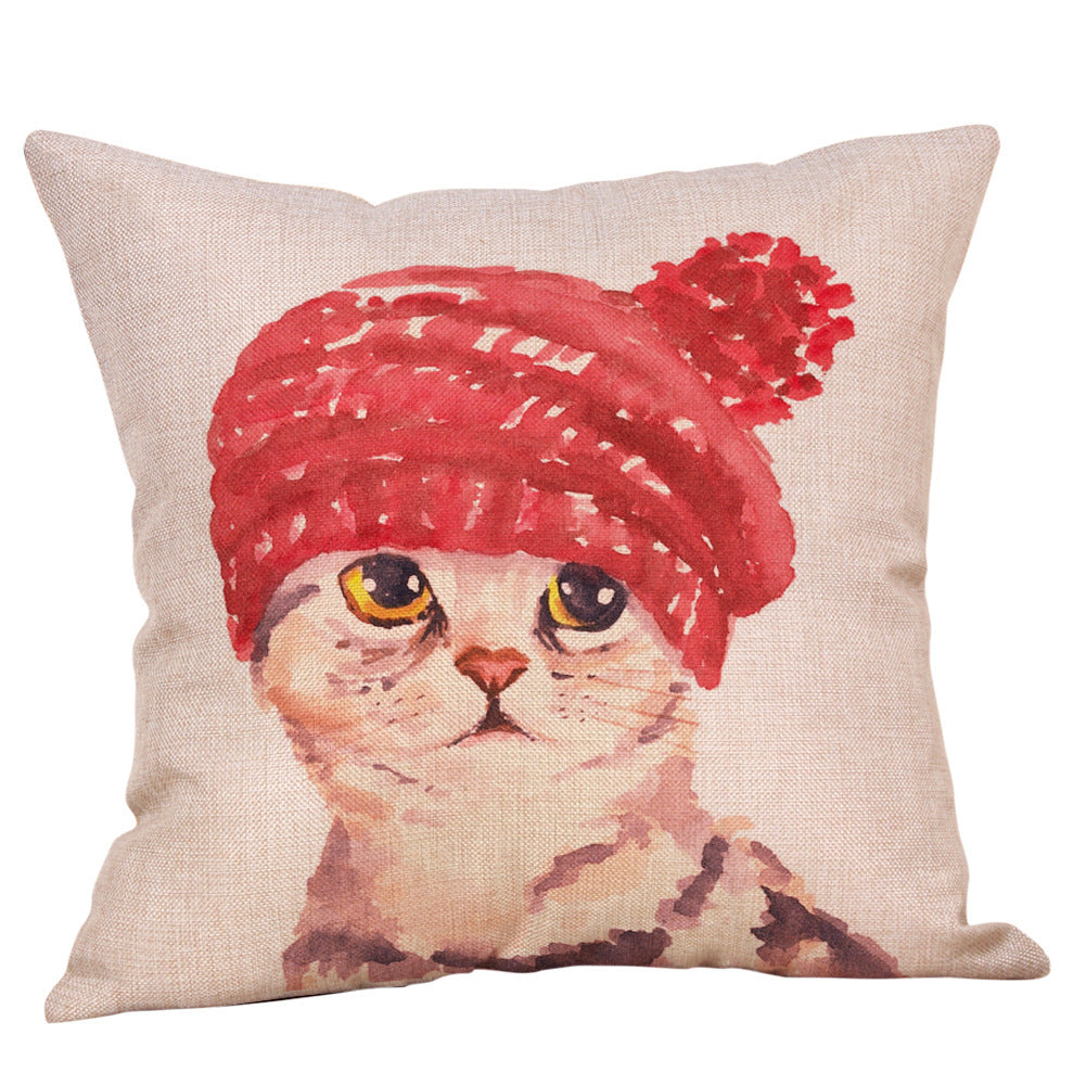 HKM-558547 Cartoon Hand-painted Cat and Rabbit Pillow Cover - 45x45cm Spandex Cushion Cover with Floral Design