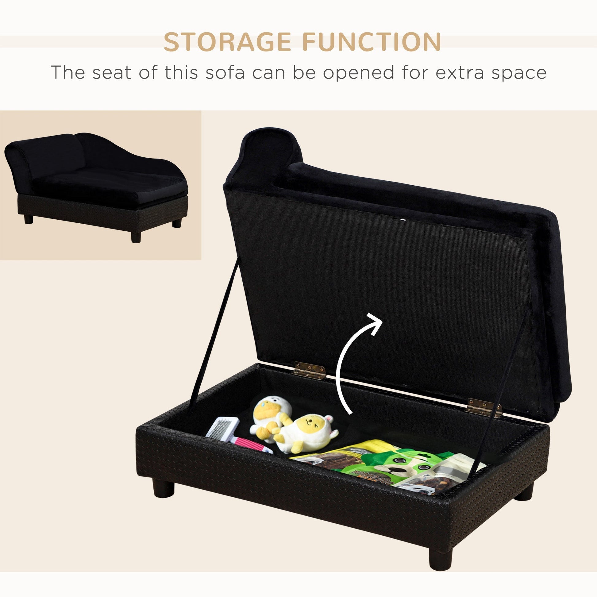 HKM-5585725 Pet Sofa Bed with Storage for Cats and Small Dogs, Cushioned Black Couch with Tufted Design