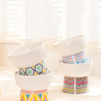 HKM-5587261 Ceramic Cat Bowl with Anti-Black Chin High Foot Design - Available in Bohemian Yellow, Ocean Heart Blue, Blue Powder Time, Retro Green