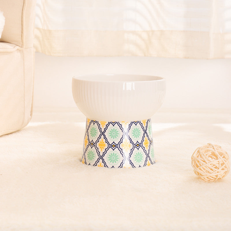 HKM-5587261 Ceramic Cat Bowl with Anti-Black Chin High Foot Design - Available in Bohemian Yellow, Ocean Heart Blue, Blue Powder Time, Retro Green