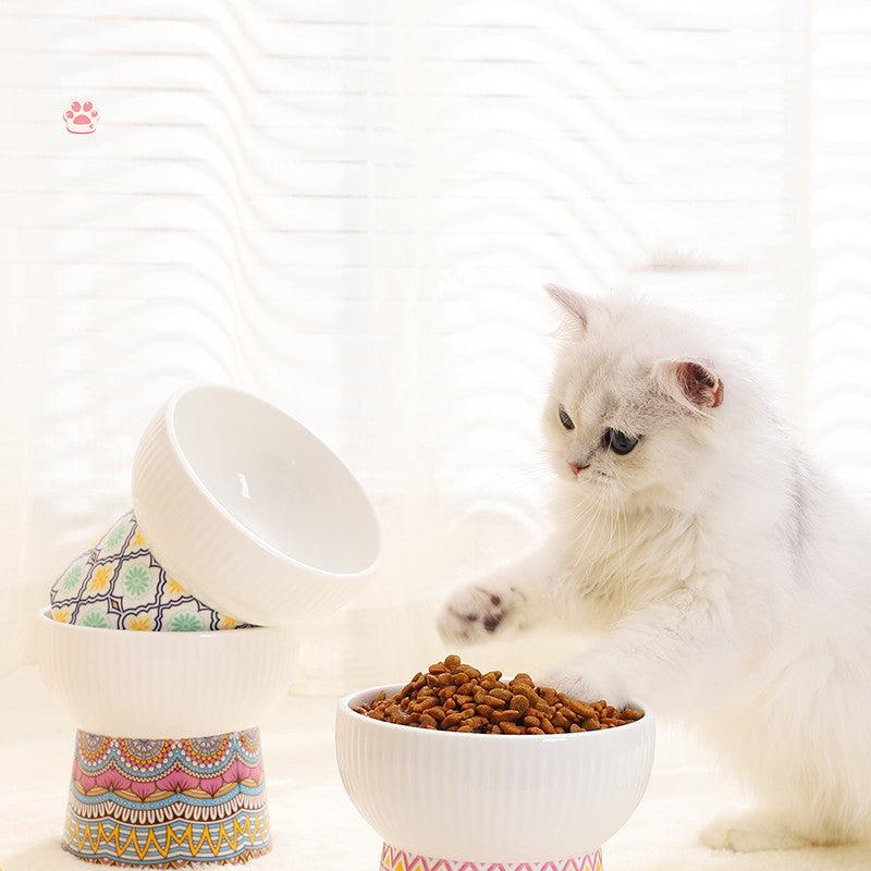 HKM-5587261 Ceramic Cat Bowl with Anti-Black Chin High Foot Design - Available in Bohemian Yellow, Ocean Heart Blue, Blue Powder Time, Retro Green
