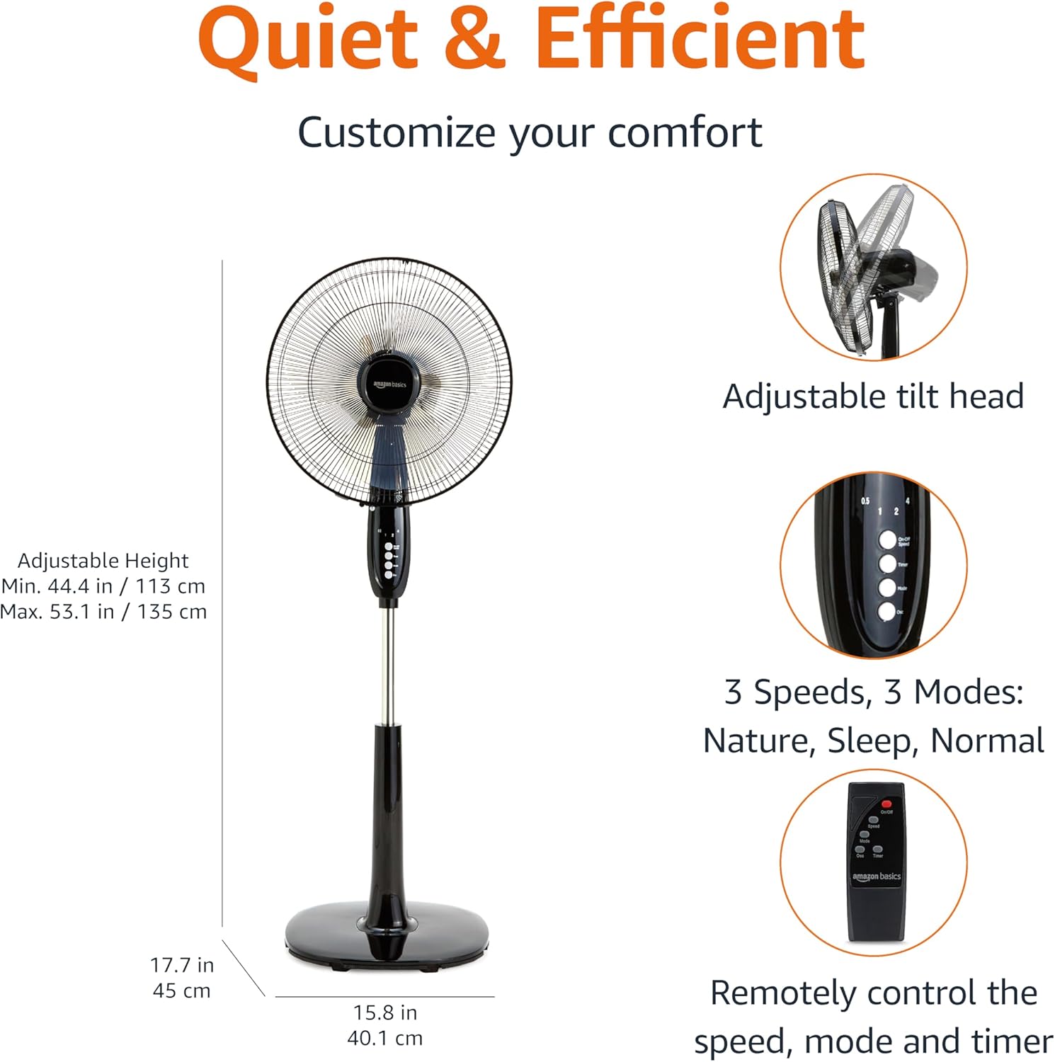 HKM-5590355 16-Inch Pedestal Fan with Remote Control, Adjustable Height, 3 Speeds, 3 Modes, Timer, Tilt Head, 60W, Black
