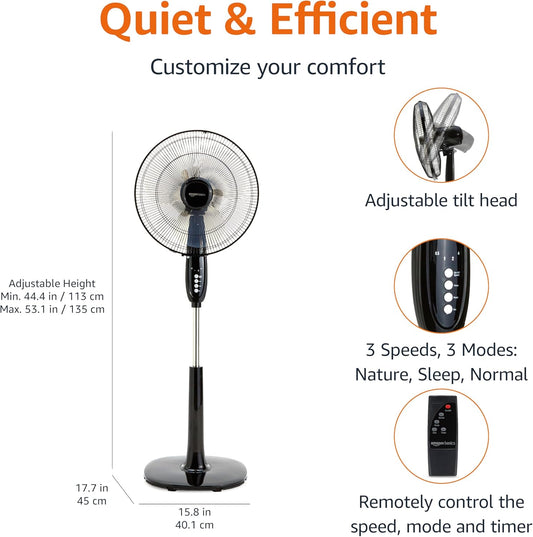 HKM-5590355 16-Inch Pedestal Fan with Remote Control, Adjustable Height, 3 Speeds, 3 Modes, Timer, Tilt Head, 60W, Black