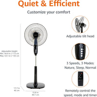 HKM-5590355 16-Inch Pedestal Fan with Remote Control, Adjustable Height, 3 Speeds, 3 Modes, Timer, Tilt Head, 60W, Black