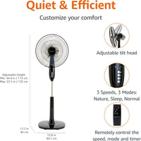 HKM-5590355 16-Inch Pedestal Fan with Remote Control, Adjustable Height, 3 Speeds, 3 Modes, Timer, Tilt Head, 60W, Black