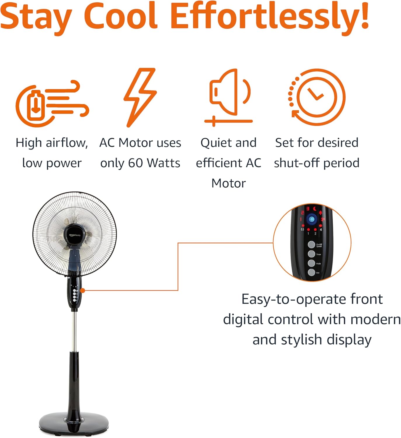 HKM-5590355 16-Inch Pedestal Fan with Remote Control, Adjustable Height, 3 Speeds, 3 Modes, Timer, Tilt Head, 60W, Black