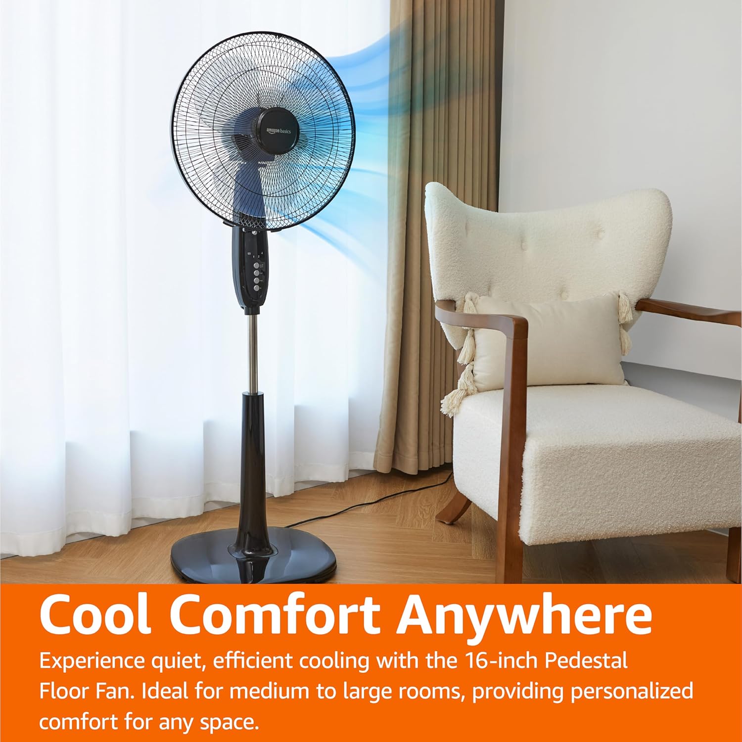 HKM-5590355 16-Inch Pedestal Fan with Remote Control, Adjustable Height, 3 Speeds, 3 Modes, Timer, Tilt Head, 60W, Black