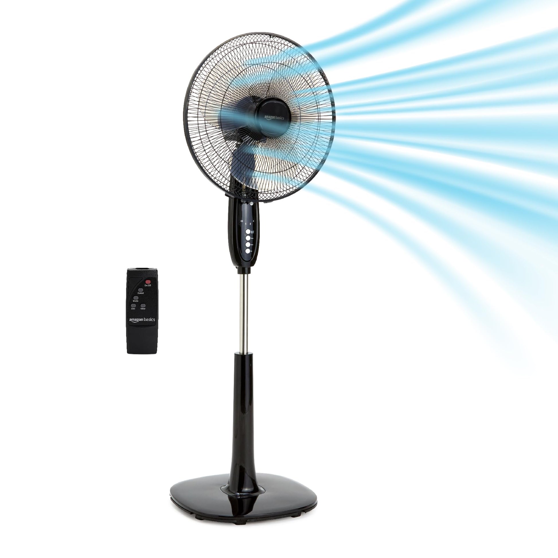 HKM-5590355 16-Inch Pedestal Fan with Remote Control, Adjustable Height, 3 Speeds, 3 Modes, Timer, Tilt Head, 60W, Black