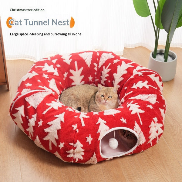 HKM-5591101 Christmas Tree Cat Tunnel Bed - Warm Flannel Pet Nest for Cats 86x26 cm