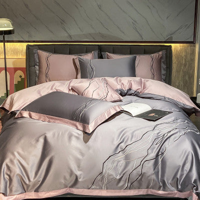 HKM-559315 Four-Piece Set of 100% Long-Staple Cotton Bedding for 1.5m and 1.8m Beds, Embroidered Design