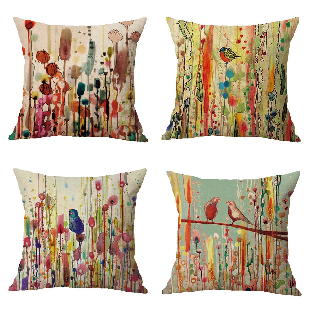 HKM-559379 Bird Pattern Linen Cushion Cover, 45x45cm, Oil Painting Design