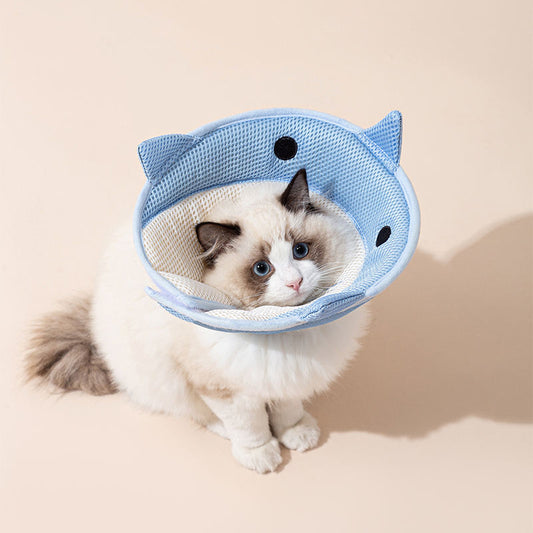 HKM-5596093 Soft Nonwoven Fabric Cat Recovery Collar - Shark Shape, Protective Adjustable Cone for Wound Healing and Comfort