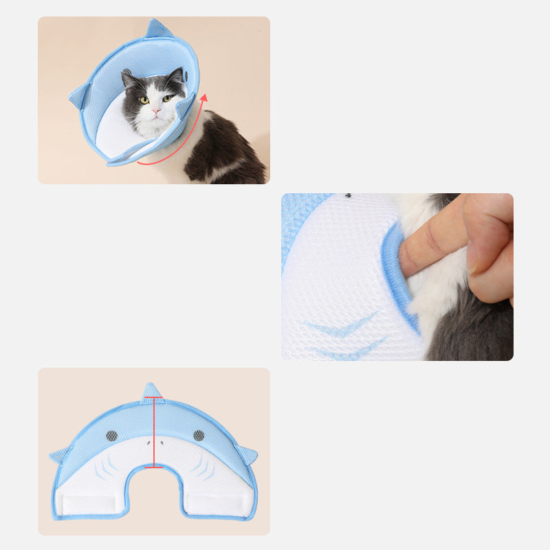 HKM-5596093 Soft Nonwoven Fabric Cat Recovery Collar - Shark Shape, Protective Adjustable Cone for Wound Healing and Comfort