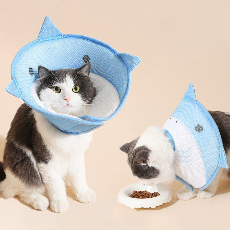 HKM-5596093 Soft Nonwoven Fabric Cat Recovery Collar - Shark Shape, Protective Adjustable Cone for Wound Healing and Comfort