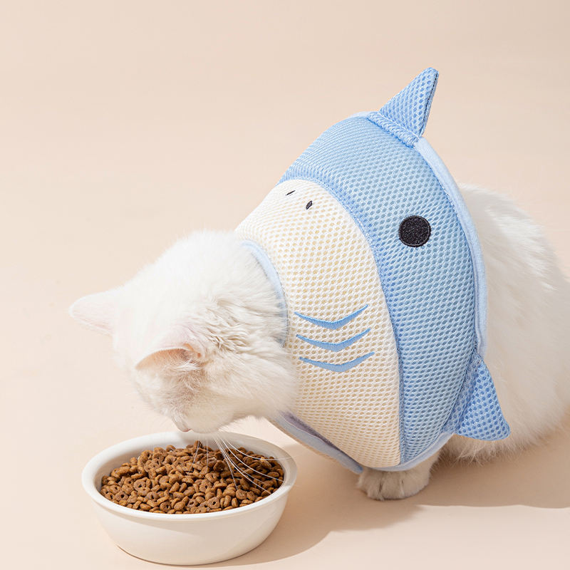 HKM-5596093 Soft Nonwoven Fabric Cat Recovery Collar - Shark Shape, Protective Adjustable Cone for Wound Healing and Comfort