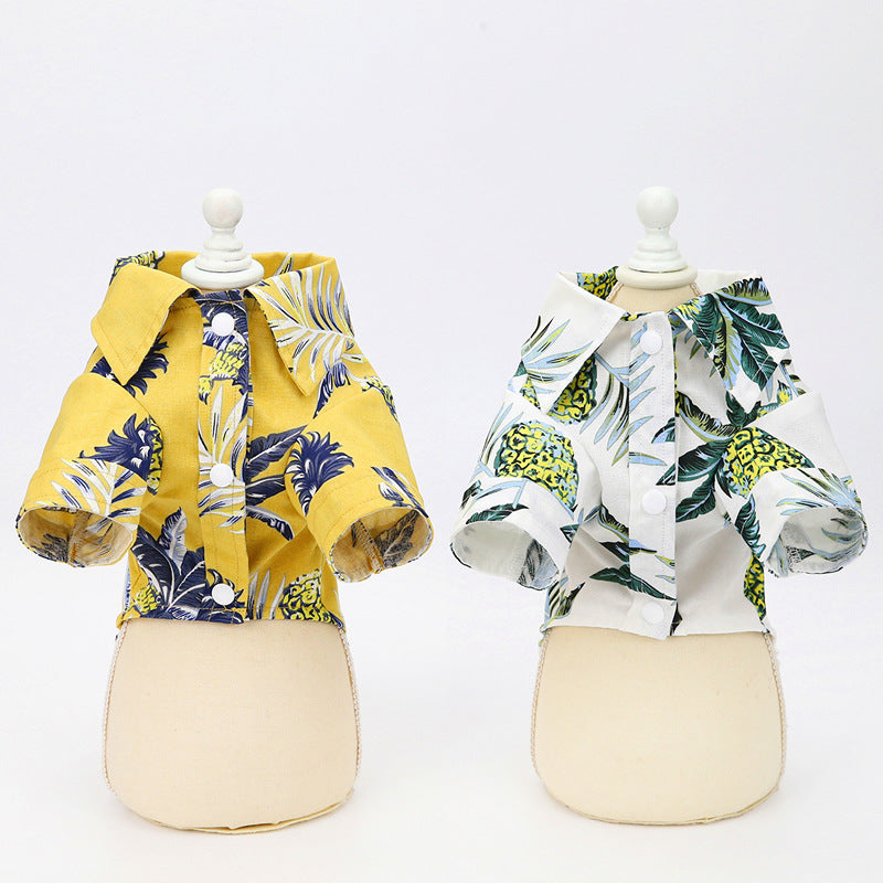 HKM-5596989 Summer Pet Shirt - Lightweight Cotton in Hawaiian Coconut Print, Available in Yellow and White, Sizes S to XXL