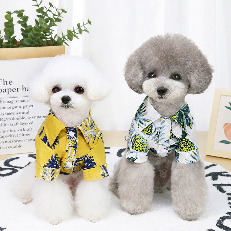 HKM-5596989 Summer Pet Shirt - Lightweight Cotton in Hawaiian Coconut Print, Available in Yellow and White, Sizes S to XXL