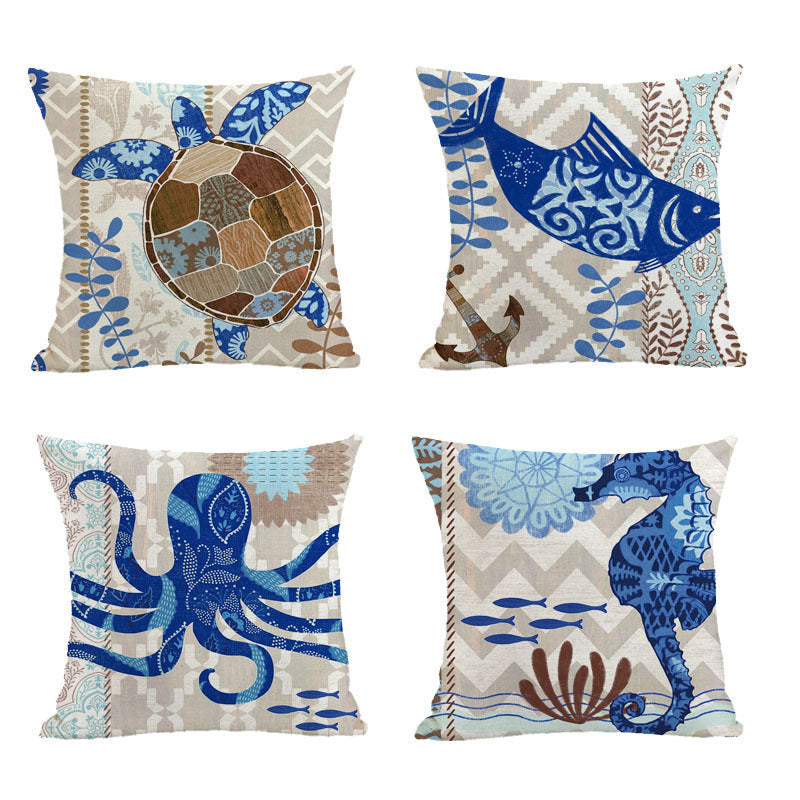 HKM-559699 Marine Animal Print Linen Pillowcase, Cotton and Linen Blend, Ocean Life Design, 45x45 cm