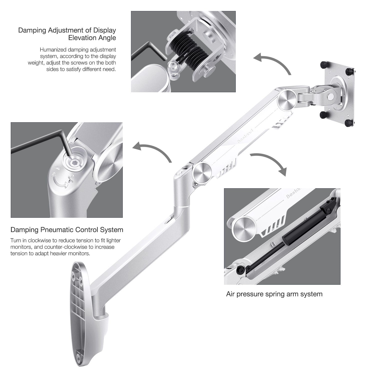 HKM-559827 Aluminum Alloy Single-Arm Monitor Wall Mount Bracket - 2.8KG, 40.5x34.5x12.7CM