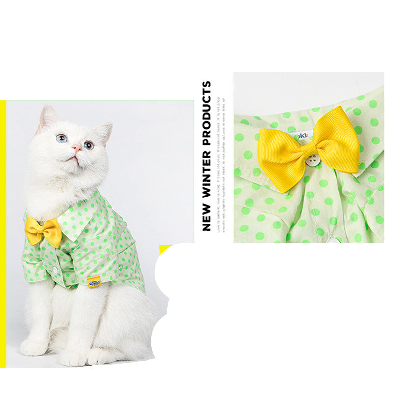 HKM-5599165 Green Polka Dot Cotton Shirt for Small to Medium Cats with Button Closure