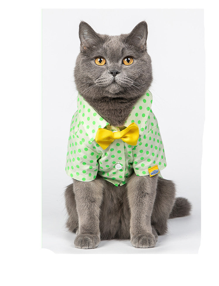 HKM-5599165 Green Polka Dot Cotton Shirt for Small to Medium Cats with Button Closure
