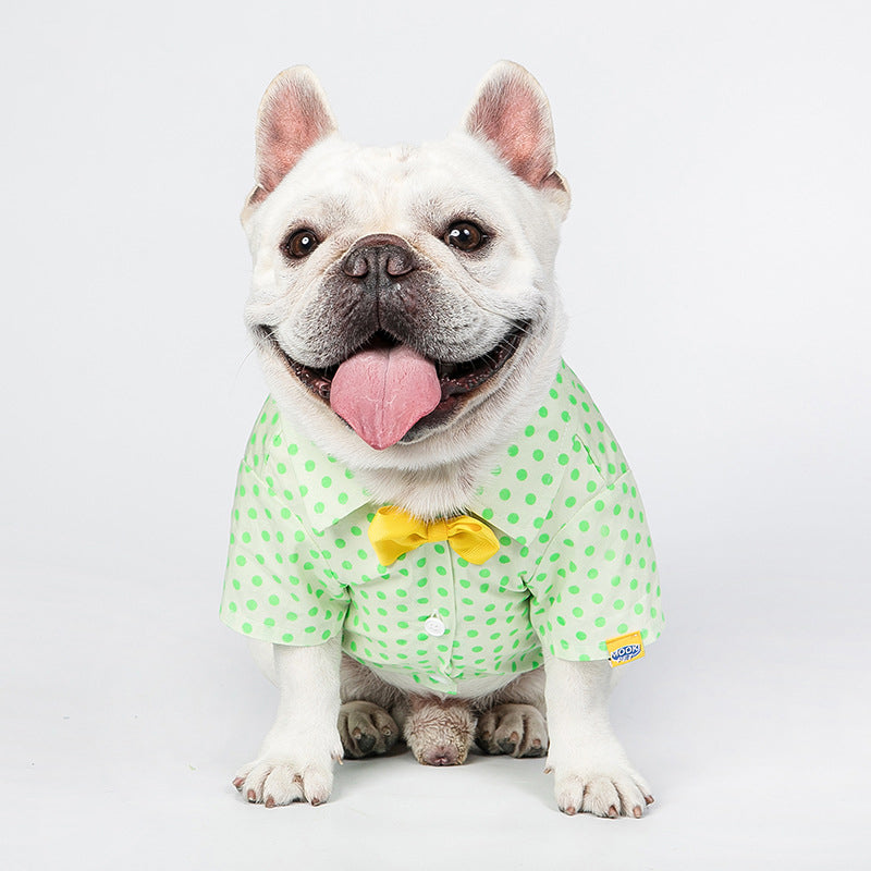 HKM-5599165 Green Polka Dot Cotton Shirt for Small to Medium Cats with Button Closure