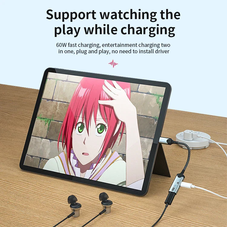 HKM-560211 2-in-1 Type-C Audio Adapter with PD 60W Charging for iPhone 15 and USB-C Earphones