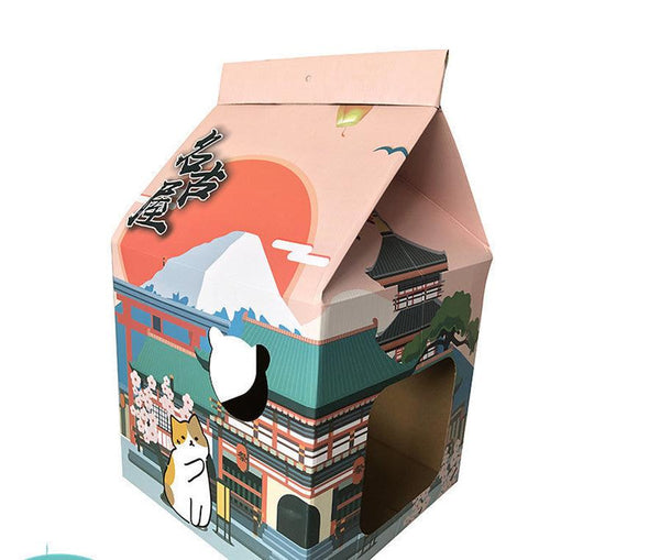 HKM-560467 Foldable Japanese Milk Nest with Corrugated Paper Design for Cats - Includes Various Scratch Board Options