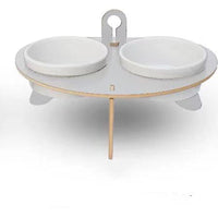 HKM-5610301 Oblique Mouth Cat Bowl Rack with Spine Protection - Environmentally Friendly Aosong Board and White Porcelain Bowl, 400ml Capacity