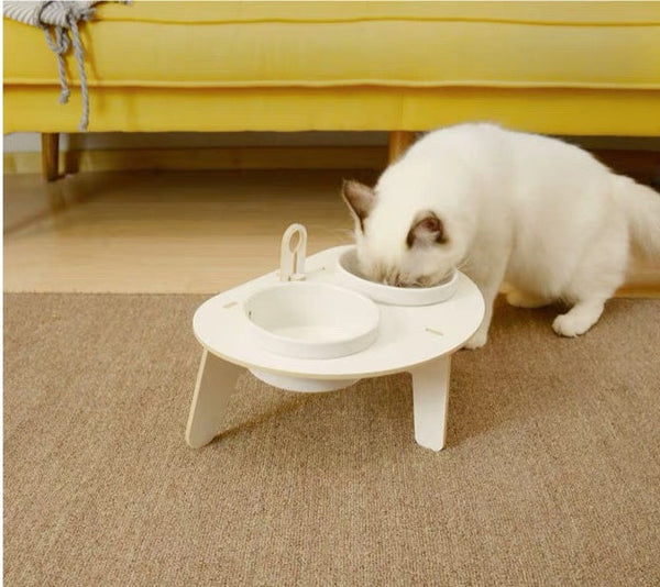 HKM-5610301 Oblique Mouth Cat Bowl Rack with Spine Protection - Environmentally Friendly Aosong Board and White Porcelain Bowl, 400ml Capacity